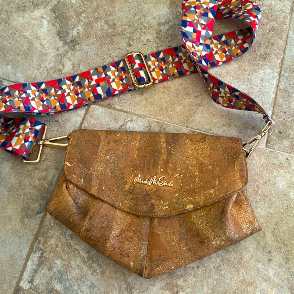 Handmade cork fabric crossbody bag Meeks me smile purse guitar strap colorful